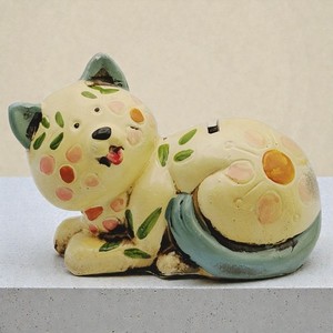 Vintage Chalkware Plaster Smiling Kitty Cat Yellow Blue Coin Bank 1960's Kitschy