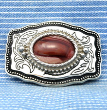 Cowboys Western Scroll Dress Belt Buckle Cowgirl Red Banded Agate Vtg 80s.CPA762
