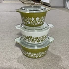 PYREX Glass Bowl Spring Blossom Green White Three-Piece Set with Lid