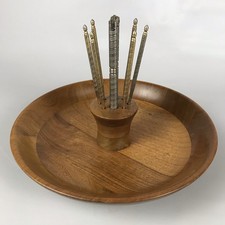 Vintage Solid American Walnut Wood Nut Serving Bowl Dish w/ Tools Cracker Picks