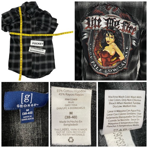 Upcycled Flannel Shirt Mens Medium Lite My Fire Beer Plaid Grunge Biker Rock - Picture 5 of 16