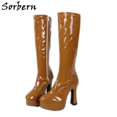 Knee-High Platform Gogo Boots Camel Beige Shiny Drag Queen Burning Man Halloween
