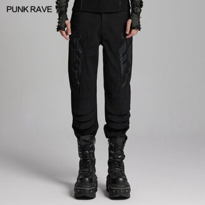 Punk Rave Men Black Gothic Punk Trousers Cyber Punk Style Patch Fitted Pants