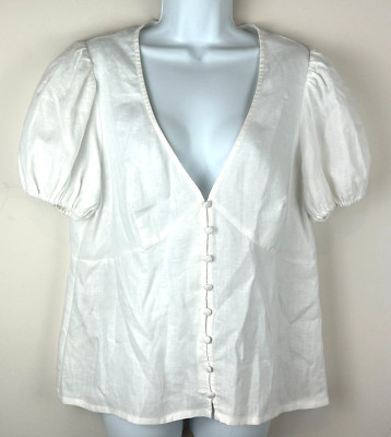 Boden White Linen V Neck Puff Short Sleeve Summer Top Size 12