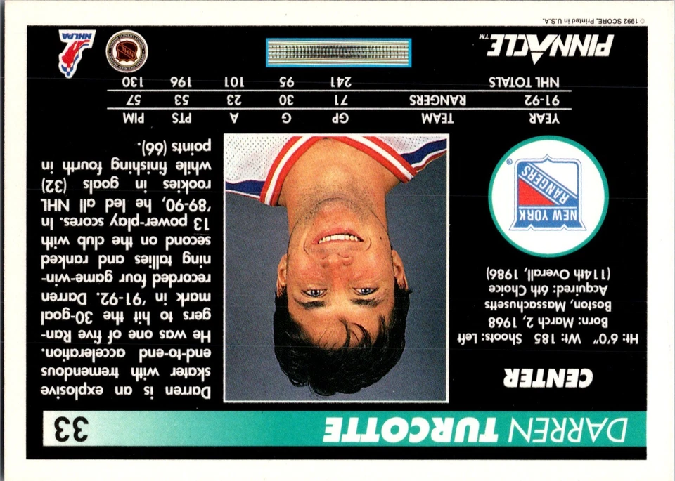 1992-93 Pinnacle - #33 Darren Turcotte - Image 2 of 2