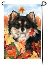 Falling Leaves Garden Flag - Longhaired Tri Chihuahua