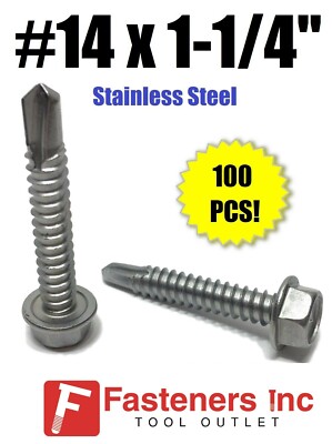 (Qty 100) #14 x 1-1/4'' Hex Washer Head Self Drilling Tek Screw Stainless Steel