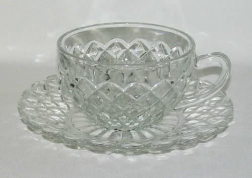 Anchor Hocking Glass Co. WATERFORD "Waffle" Crystal Cup and Saucer Set - Picture 2 of 3