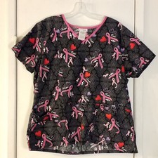 Breast Cancer Awareness ScubStar Womens Nurse Medical Scrub Top Lg Hearts Chemo