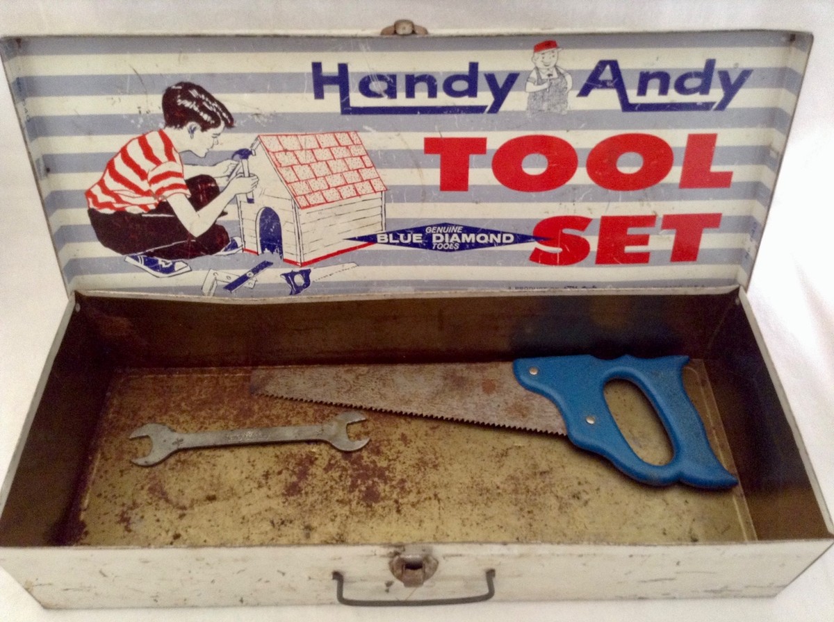 Vtg Handy Andy Tool Set Metal Box with Saw & Wrench Blue Diamond