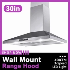 30 in Wall Mount Range Hood Vent 450CFM Stainless Steel Kitchen 3-Speed Fan LED