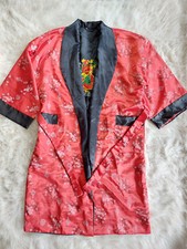 Oriental Black and Red Satin Reversible Dragon Embroidery Kimono Robe Siz XL