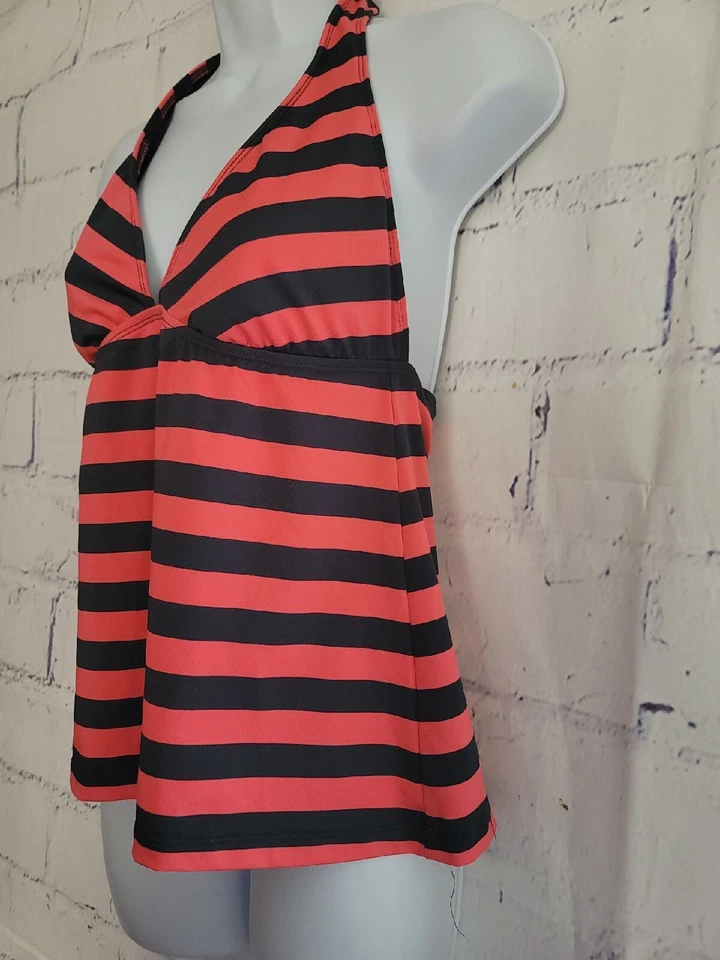 Mossimo Traje de Baño Tankini Top Medio Triángulo Halter Corbata Coral Naranja Rayas Foto 3 de 4