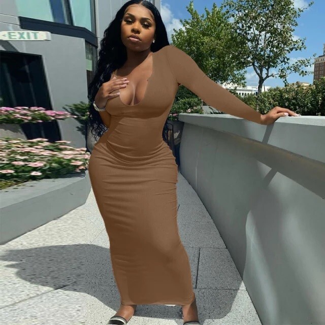 brown ribbed bodycon dress Long Sleeve Scoop Neck Shoulder Detail Mini Bodycon Dress In Brown Rib Knit  | EGO CA