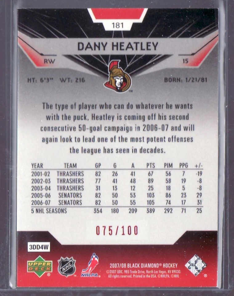 2007-08 DANY HEATLEY BLACK DIAMOND QUAD RUBY CARD 075/100 OTTAWA - Image 2 of 2