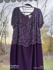 LaBelle Mother of Bride Gown Purple Beaded Sheer Top Back Slit Cap Slv Sz 22