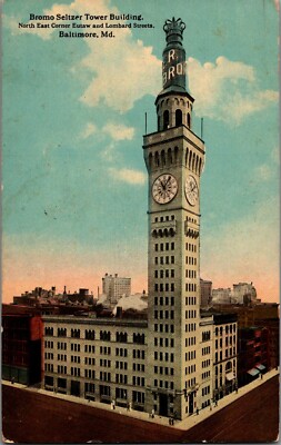 Vtg Postcard Bromo Seltzer Tower Building, Baltimore, MD Postmarked 1912