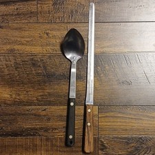 Vintage Flint Engraved Stainless Spoon & Bread Knife Set Wood Handle Made In USA