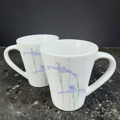Corelle Coordinates Iris Stoneware Mugs Purple Floral White Tapered Cup Mug Set