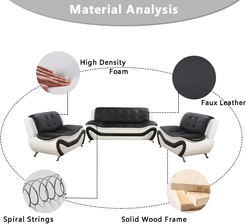 Juego de sofá de cuero sofá silla sofá sofá sofá blanco y negro moderno Foto 3 de 4