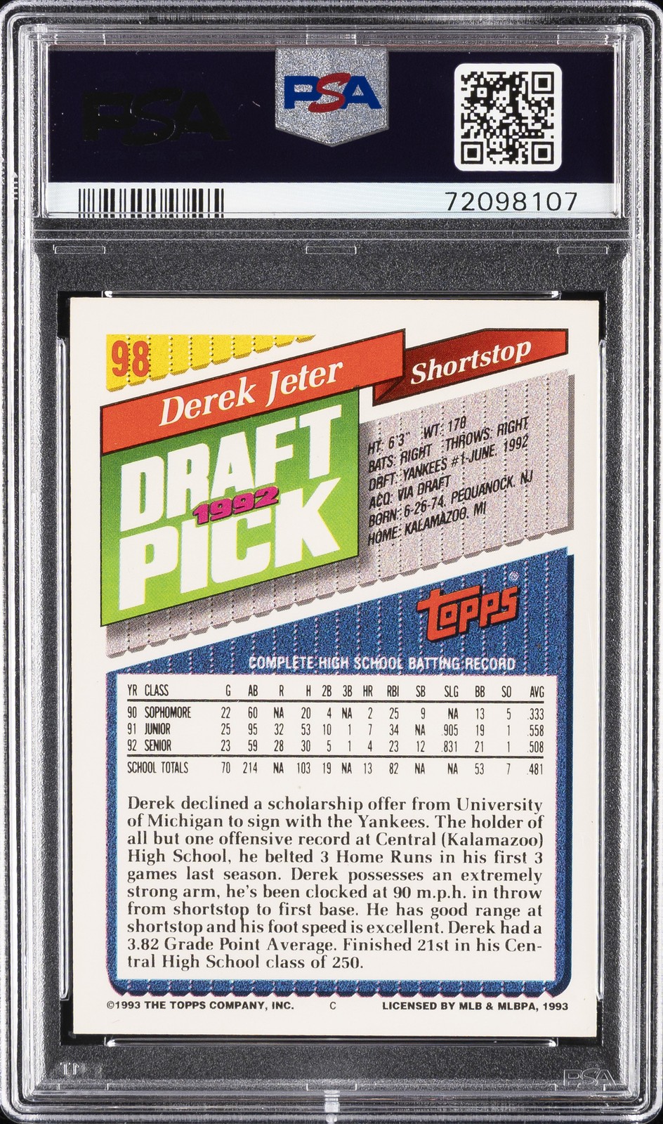 1993 TOPPS #98 DEREK JETER ROOKIE RC PSA 8 view 2
