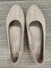 SKECHERS Cleo 2.0 Glitzy Daze Womens 6.5 Shoes Taupe Knit Rhinestone Pearl Flats