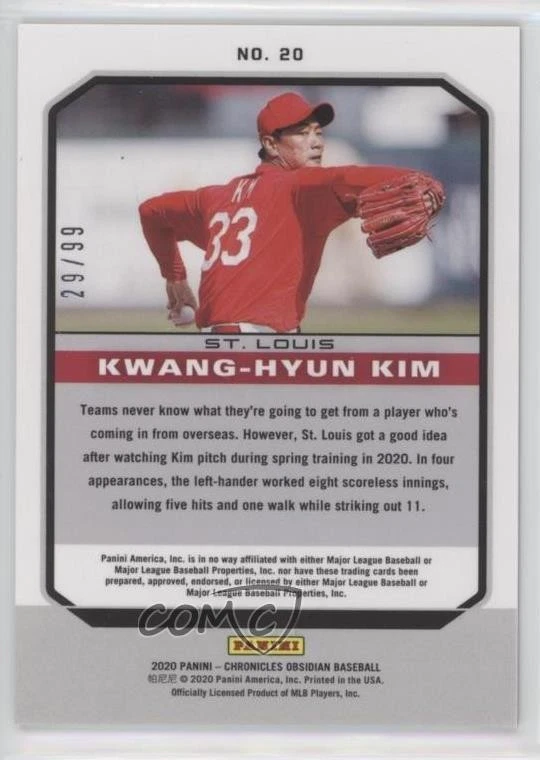 2020 Chronicles Obsidian Electric Etch Purple /99 Kwang-Hyun Kim #20 Rookie RC - Image 2 of 2