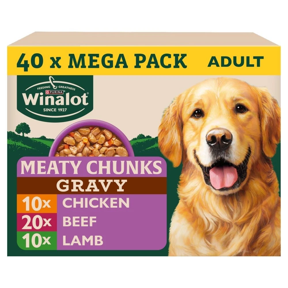 Winalot Dog Food Mixed in Gravy 40 x 100g Pouches Mega Pack -Chicken, Beef, Lamb