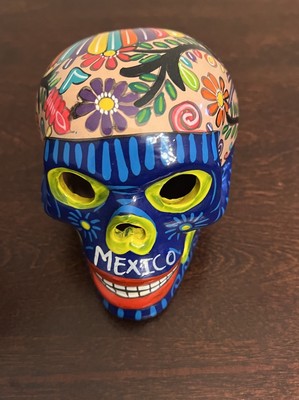 Talavera Mexican Day of the Dead Handcrafted Skull 6  Painted Clay Folk Pottery