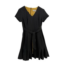 Shelby & Palmer Pinstripe A-Line Dress Black Mustard Belted V-Neck NWT Size 6 (L