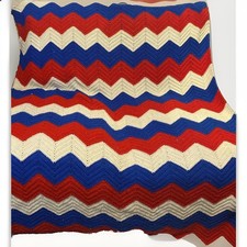 Hand Crocheted Blanket Afghan Throw Red White Blue 70x47 Vintage
