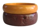 2 vintage Bakelite Bangle Bracelets ~ Carved Bird Coffee Brown & Butterscotch