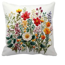 Wildflower Faux Embroidery Print 18x18 Inch Throw Pillow Cover Boho Floral Em...