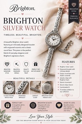 Brighton Silver Watch with Engraved Bracelet and Arabic Numerals