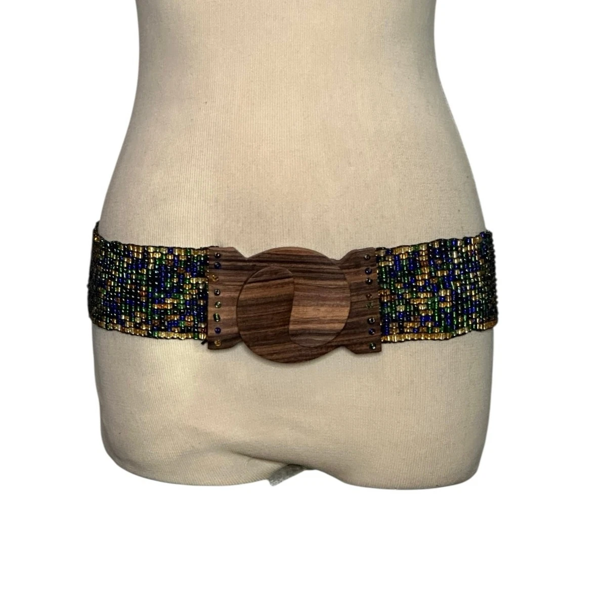 Stone Bead Wide Waist Belt Blue Hand Carved Wood Interlocking Buckle Artisan Studio D main image 4