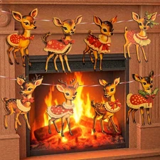 8pcs Vintage Christmas Decor Wood Banner 5.9x3.9inch Brown Sika Deer 