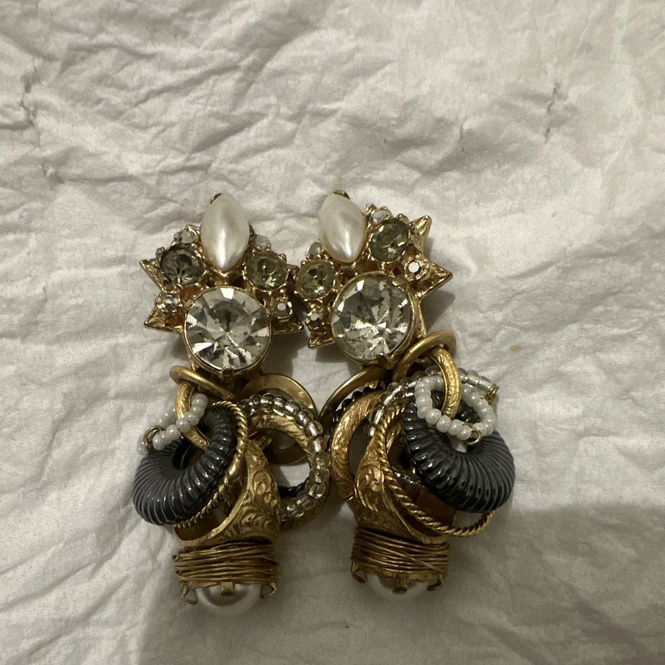Boucles d’oreilles pendantes à clips alliage doré perles strass - Photo 2/3