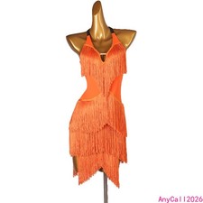 Women Halter Mesh Cutout Fringe Latin Ballroom Dance Dress Salsa Cha  Cha Costume