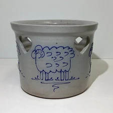 David Eldreth Signed 1998 Pottery Salt Glazed Crock Candleholder Hearts Sheep