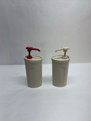 2 Vintage Tupperware Pump Condiment Dispensers 640 Ketchup Mayo Mustard Sauce