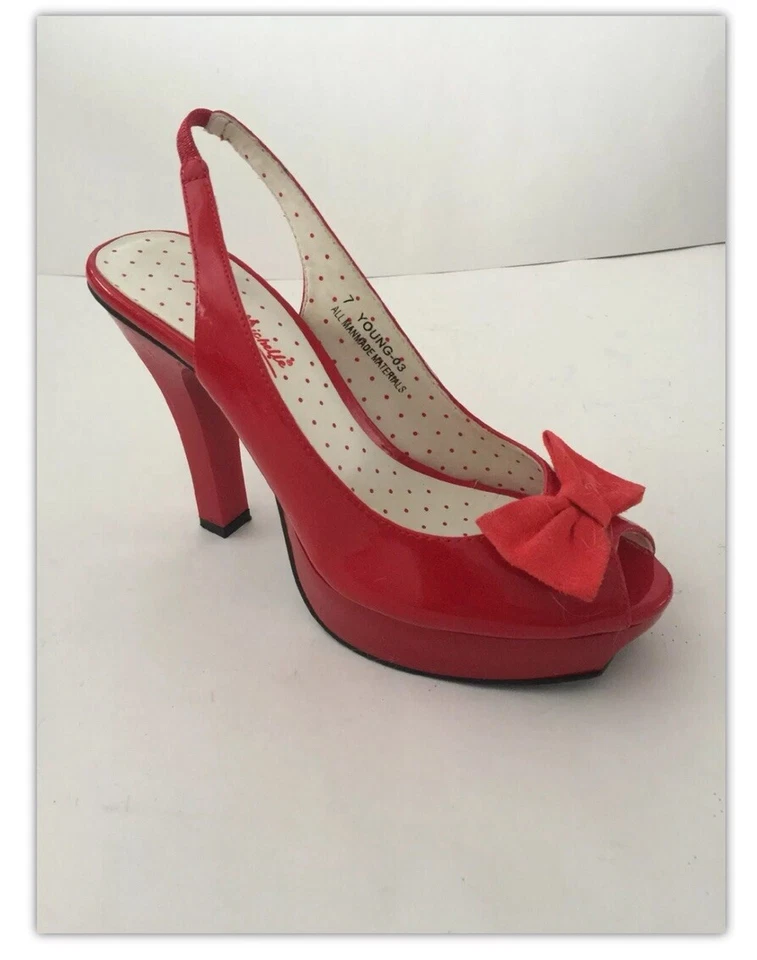 Zapatos de salón Ann Michelle rojo charol honda punta abierta con lazo tacones talla 7 Foto 2 de 4