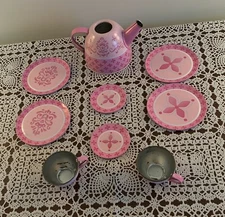 Whimsy and Wonder Childs Dish Play Set Plates Teapot Cups Pink White 9 Pieces