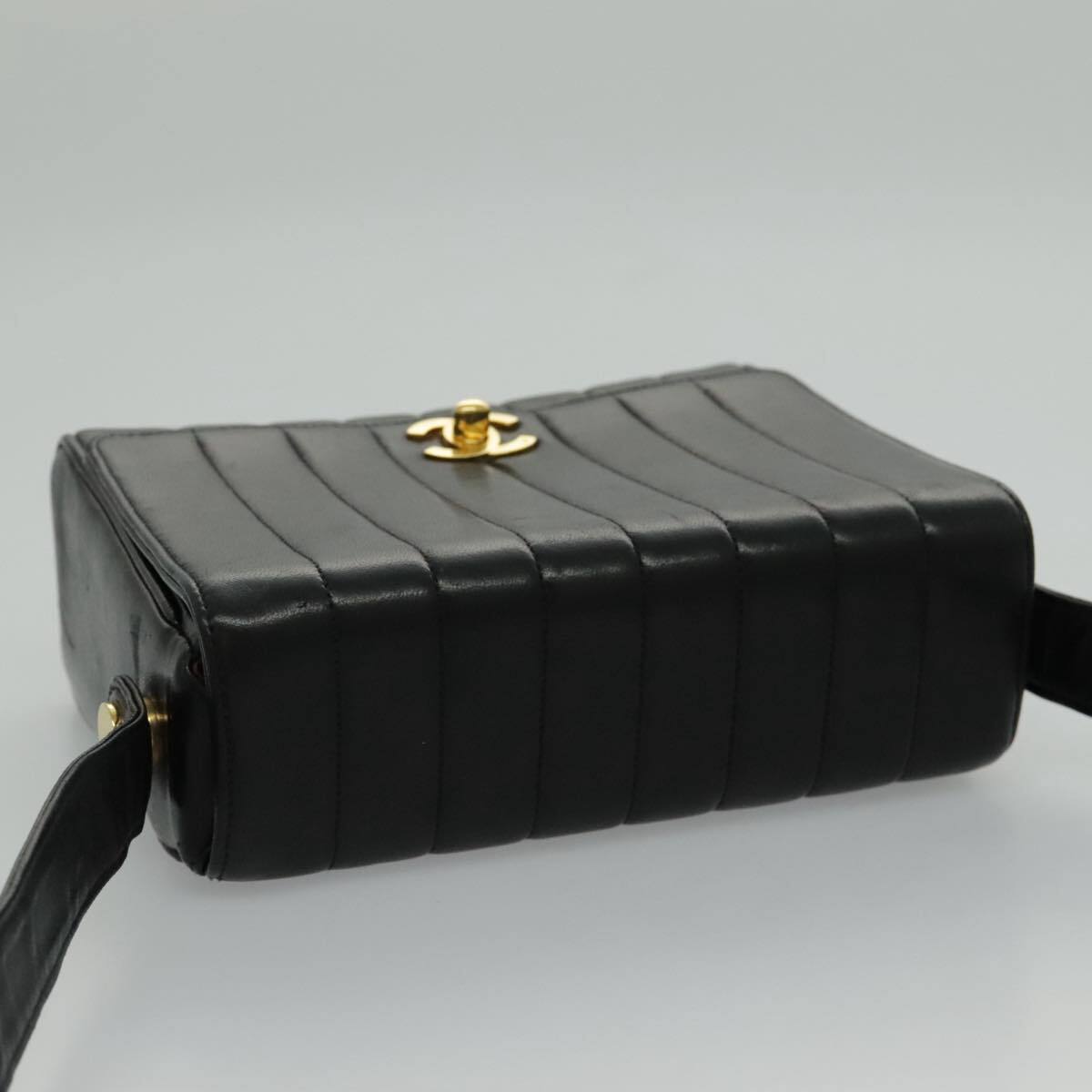 CHANEL Mademoiselle Shoulder Bag Lamb Skin Black Gold CC Auth yk15502AV