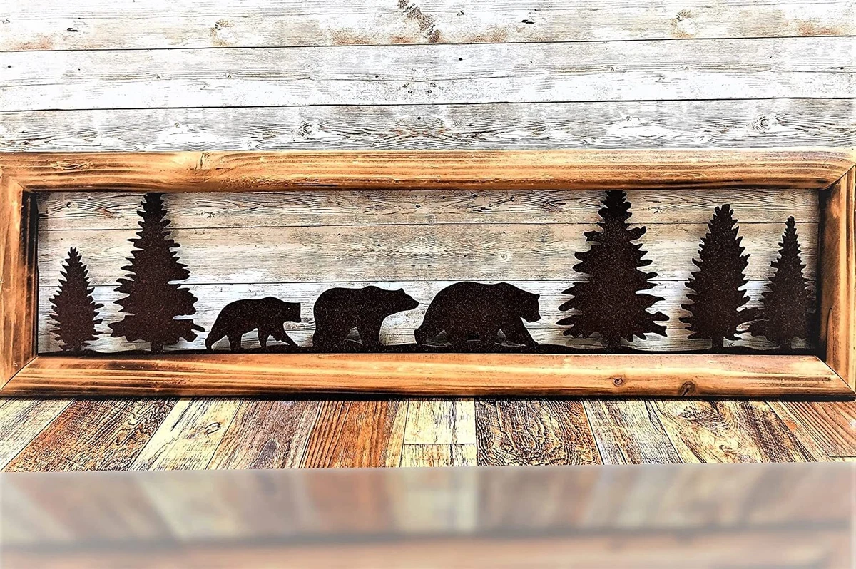 Rustic Wood Frame Woodland Bear Metal Cut Wall Art Cabin Lodge Wall Decor  Gift