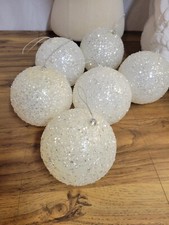 6 Oversized White Sparkly Sequin Glitter Christmas Ornaments