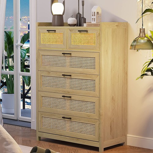 6 Drawer Dresser for Bedroom Natural Rattan Wood Tall Dressers with LED Light - Picture 3 of 8