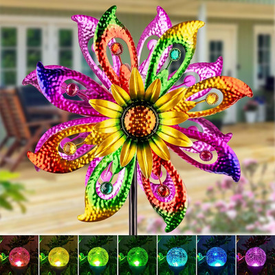 Solar Wind Spinner Lights Sunflower Kinetic Windmills Outdoor Garden Decoration