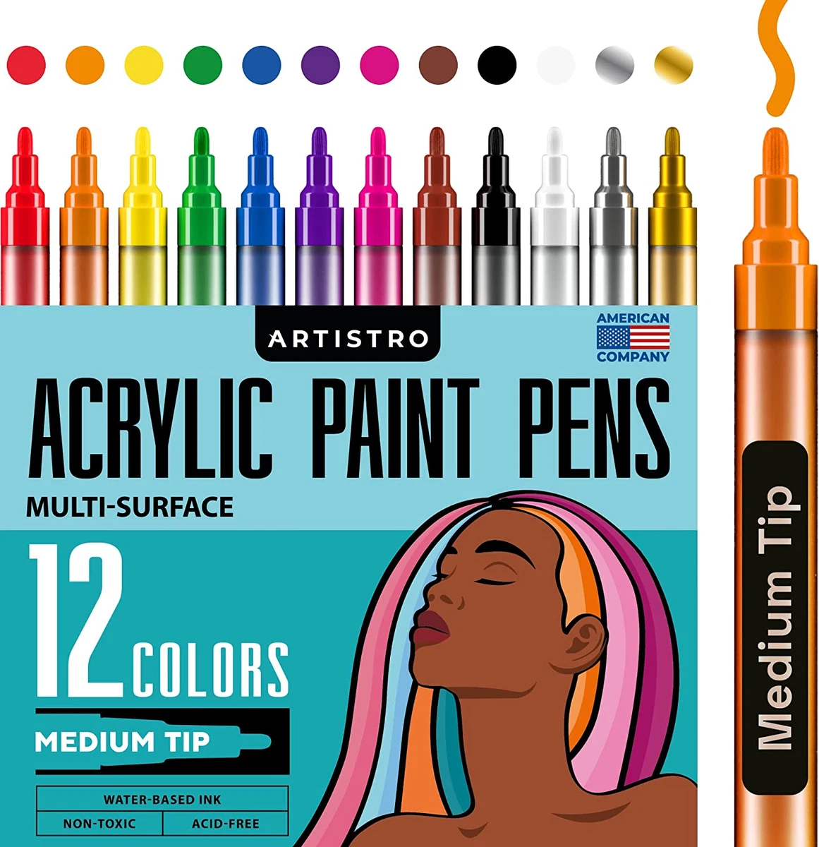 ARTISTRO 12 Acrylic Paint Pens for Fabric, Canvas, Rock, Glass, Wood - 3Mm  Mediu