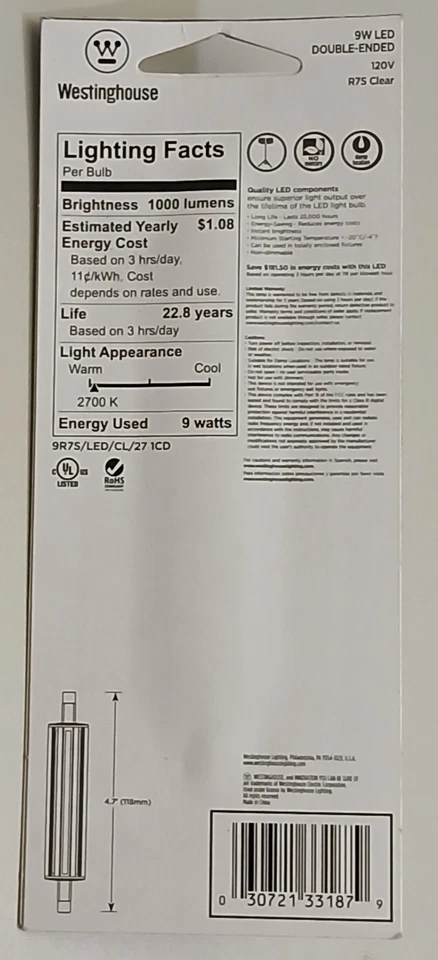 WESTINGHOUSE 9W LED 120V R7S LAMPS 2700K #33187 - Image 2 of 2