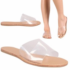 NEW Transparent Clear Band Open Toe Slides Flat Sandals Flip Flops Slipper Shoes